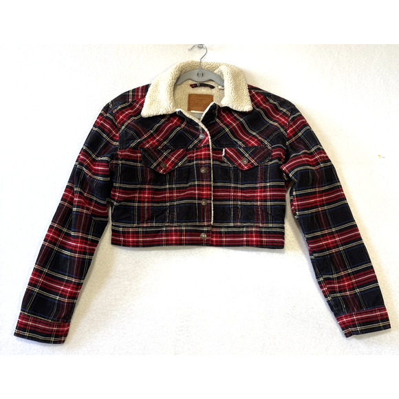 Levis Womens Size Small Cropped Corduroy Sherpa Lined Trucker Jacket Red Black - Picture 1 of 15